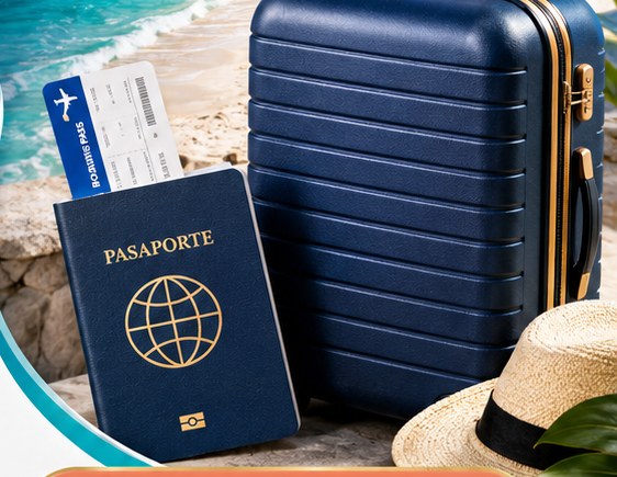 Maleta, pasaporte y boleto de avión listos para viajar con Tikvah Travel